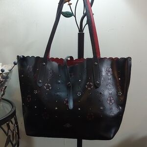 Coach Tea Rose Cut Out Leather Tote Bag